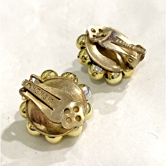 Vintage Lisner Clip On Earrings Goldtone & Clear White Rhinestone Round Clusters - Picture 3 of 8